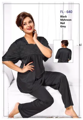 2 Pcs FL-640 - Black Flourish Exclusive Bridal Nighty Set Collection