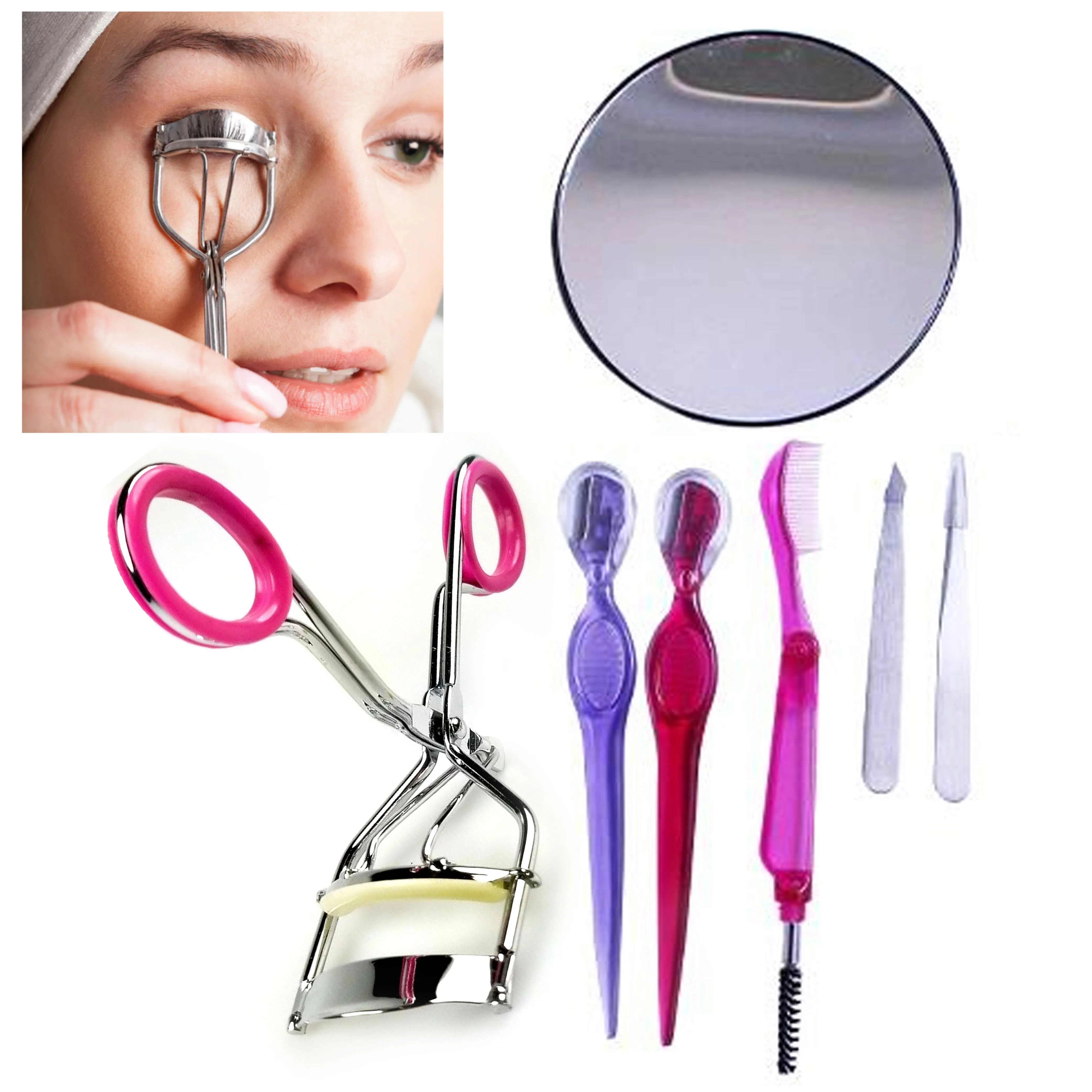 7pc Face Kit Eye Lashes Curler 12x Mirror Tweezer Razor Brow Brush Comb Grooming