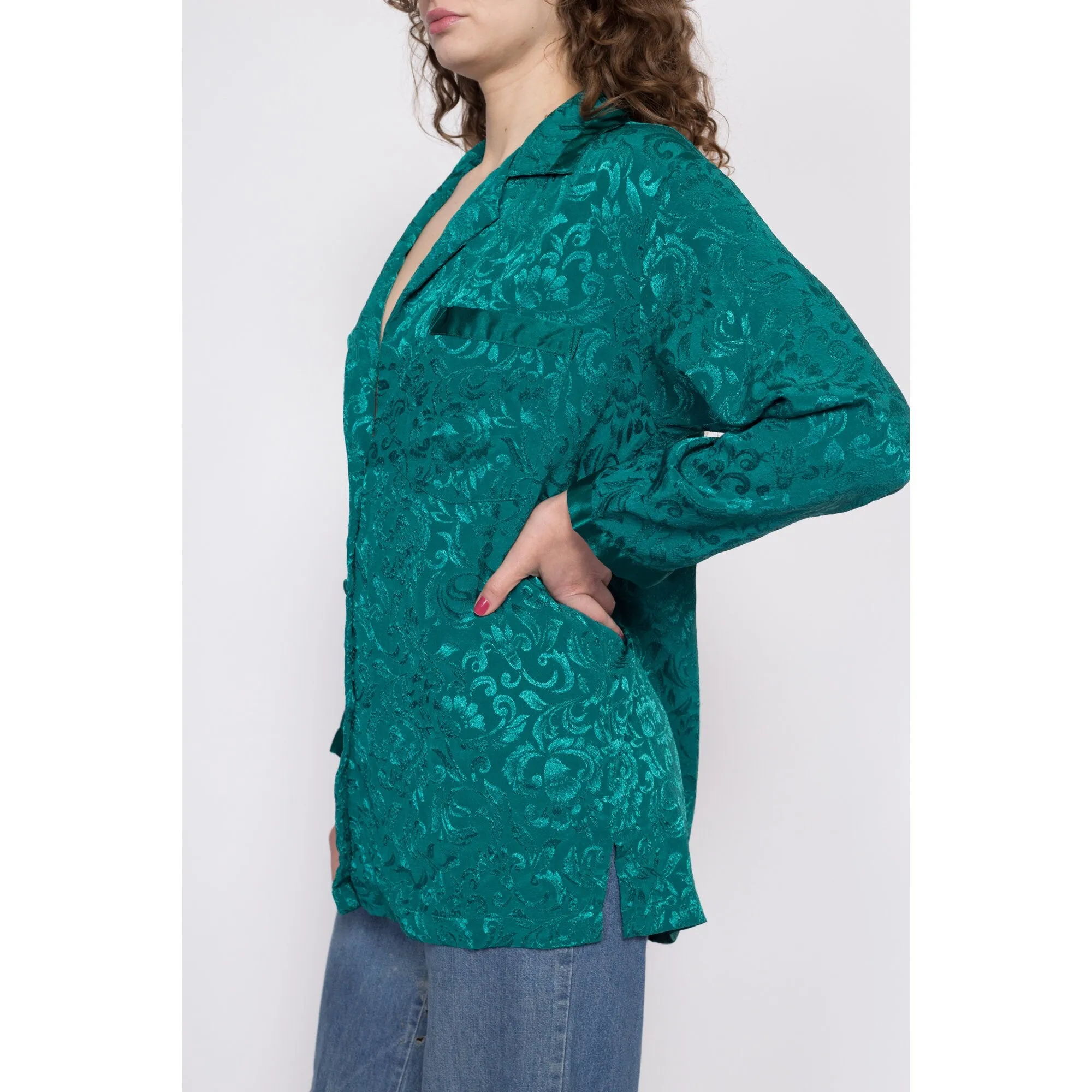80s Victoria's Secret Jade Green Gold Crown Label Lounge Top - Small