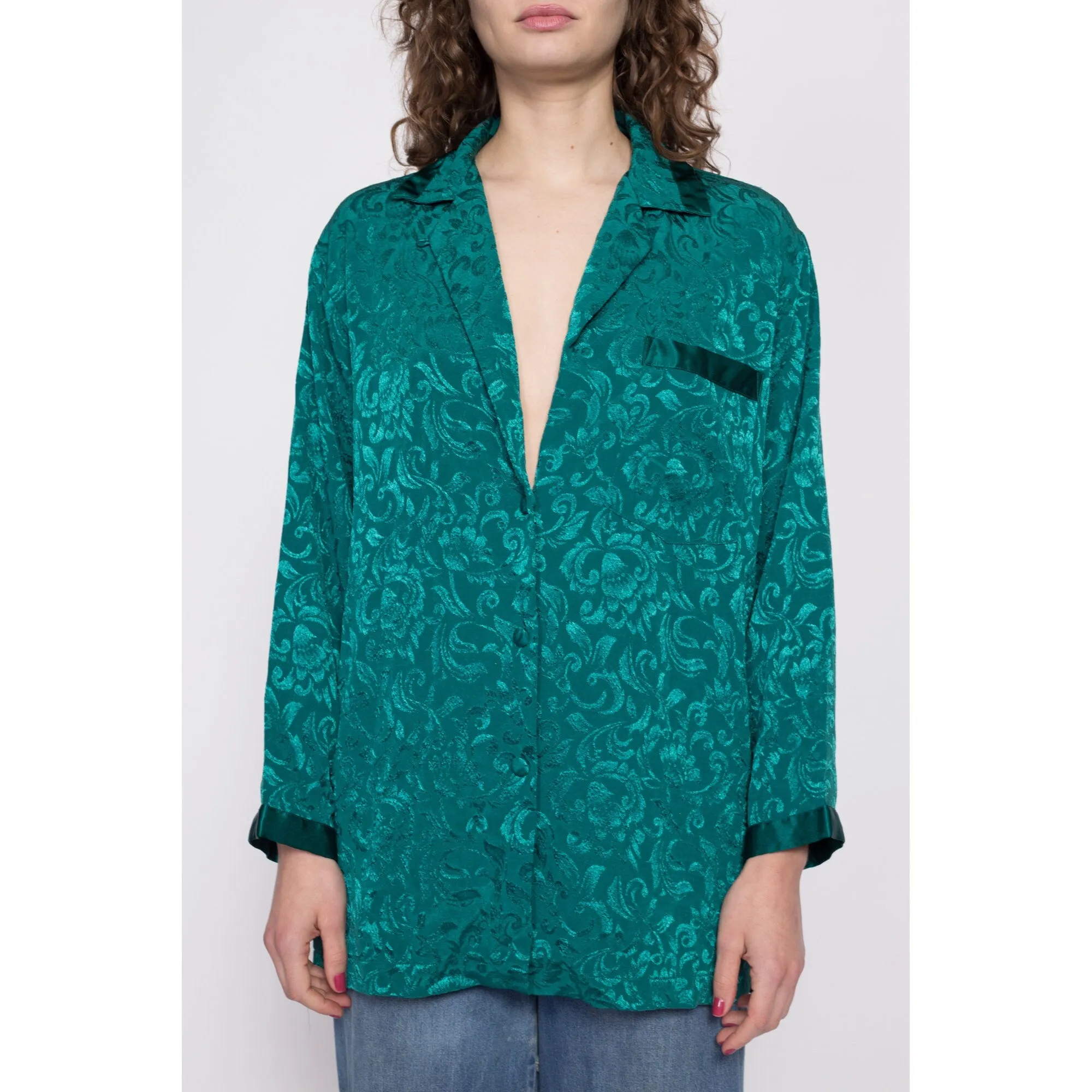 80s Victoria's Secret Jade Green Gold Crown Label Lounge Top - Small