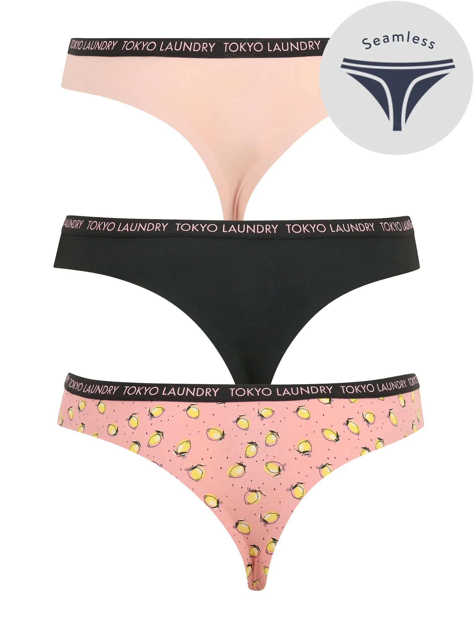 Alcora (3 Pack) No VPL Seam Free Assorted Thongs in Silver Pink / Jet Black / Silver Pink - Tokyo Laundry