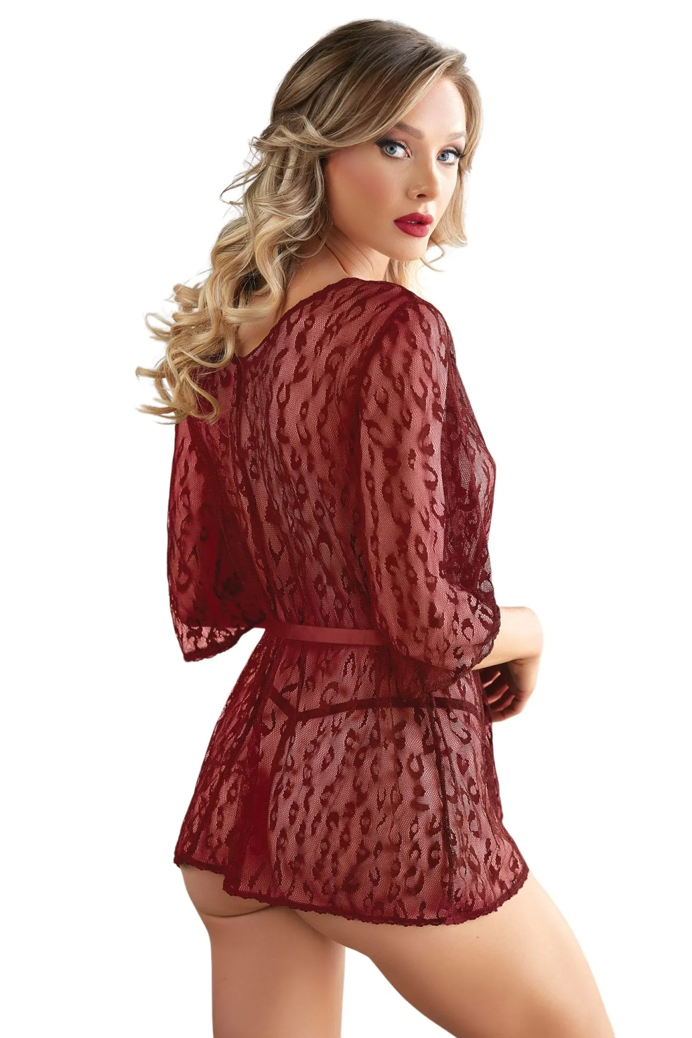 Burgundy Leopard Lace Kimono & G-String Combo