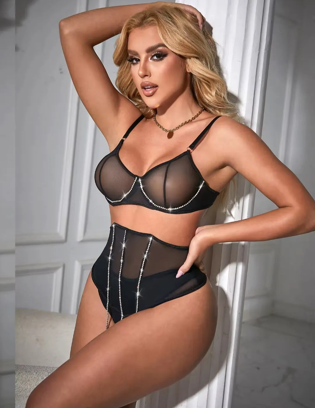 Dazzling Sheer Mesh Bra Waspie Set