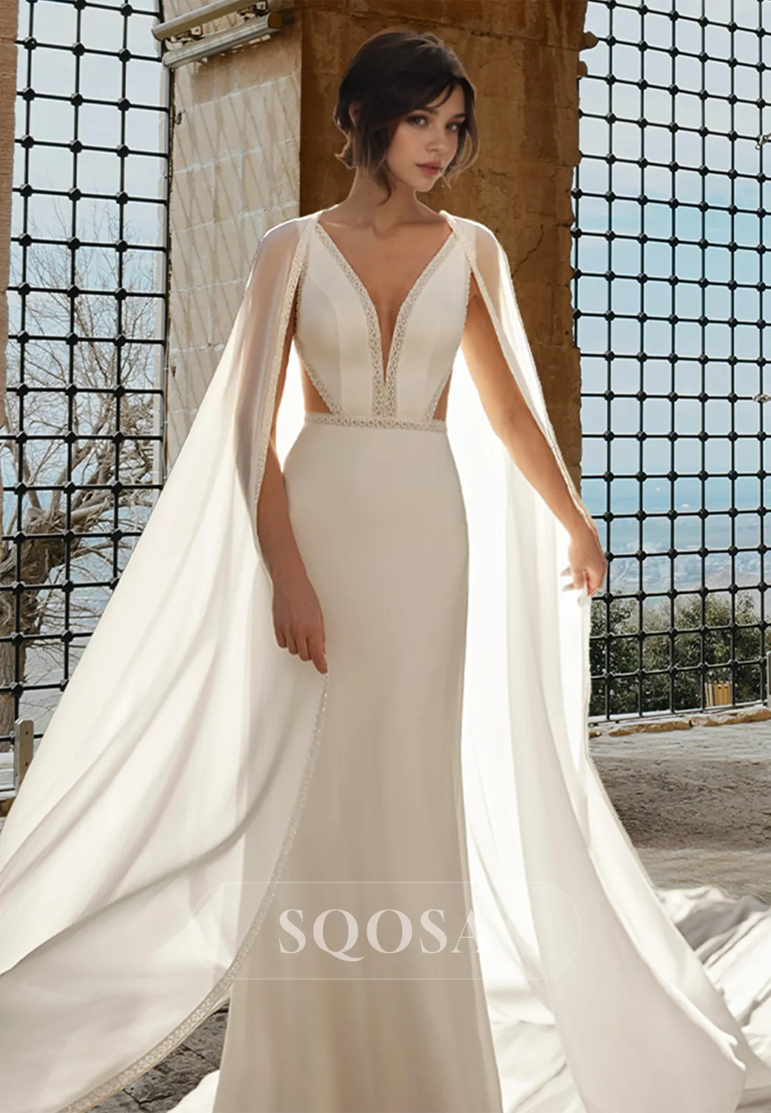 Deep V-Neck Spaghetti Straps Beaded Satin Bride Gowns Sweep Train Mermaid Wedding Dress with Overlay