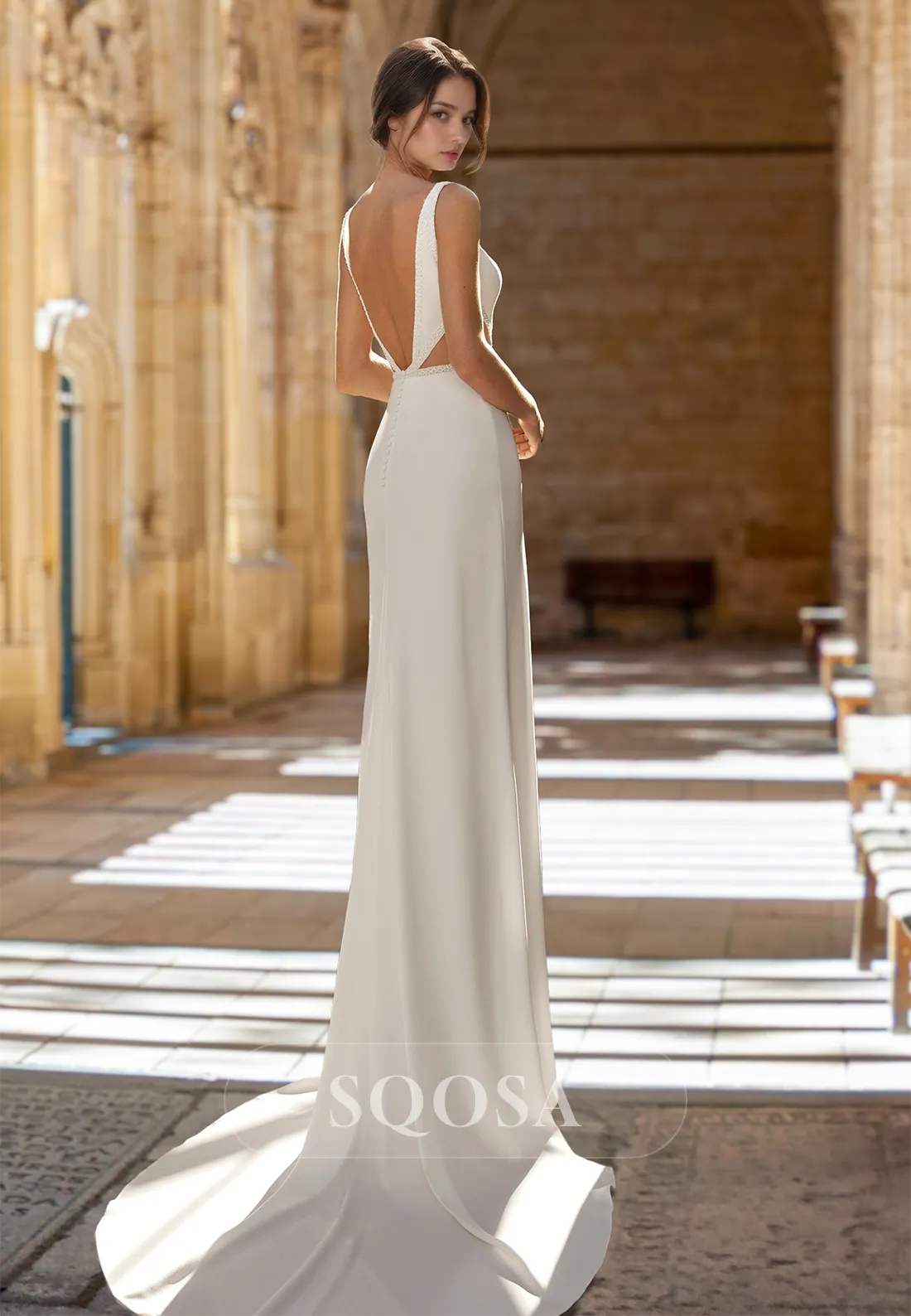 Deep V-Neck Spaghetti Straps Beaded Satin Bride Gowns Sweep Train Mermaid Wedding Dress with Overlay