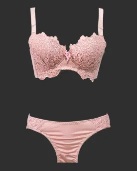 Designer Pushup Bra Panty Set Pink For Bridals - Doubble Padded Underwired - Fancy Bra Panty Set