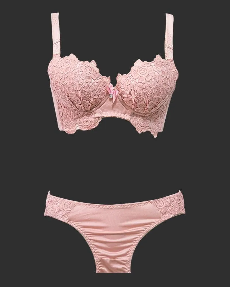 Designer Pushup Bra Panty Set Pink For Bridals - Doubble Padded Underwired - Fancy Bra Panty Set