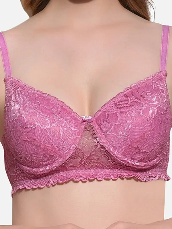 FIMS Fashion Women Cotton Blend Floral Lace Padded Wired Bra Pack of 2 Maroon Pink