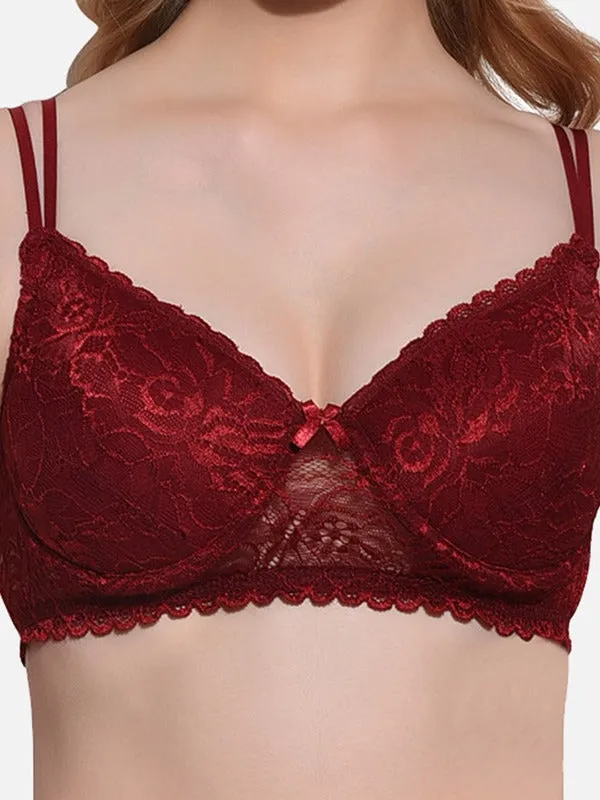 FIMS Fashion Women Cotton Blend Floral Lace Padded Wired Bra Pack of 2 Maroon Pink