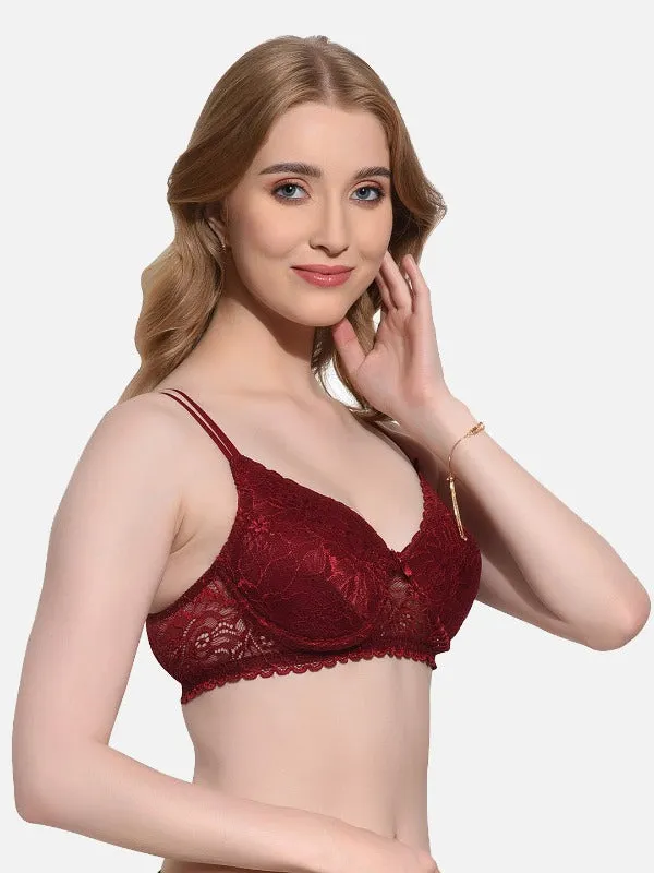 FIMS Fashion Women Cotton Blend Floral Lace Padded Wired Bra Pack of 2 Maroon Pink