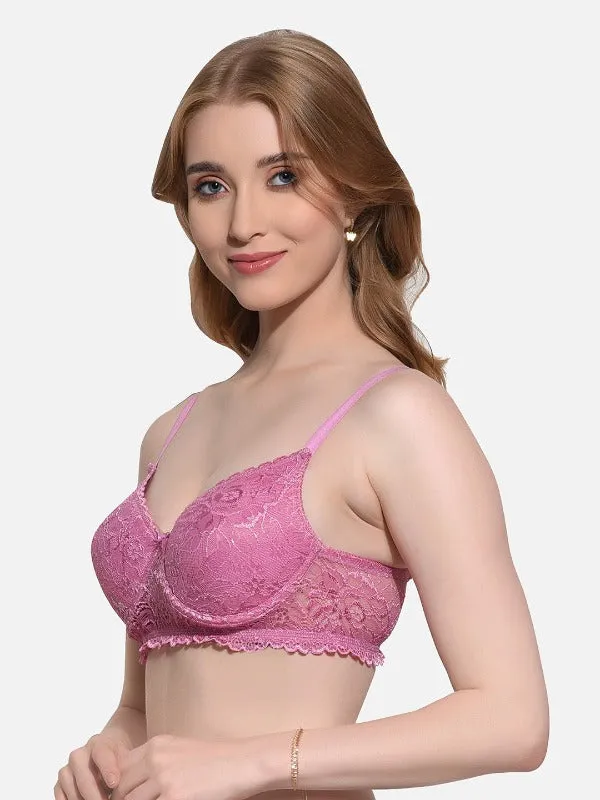 FIMS Fashion Women Cotton Blend Floral Lace Padded Wired Bra Pack of 2 Maroon Pink