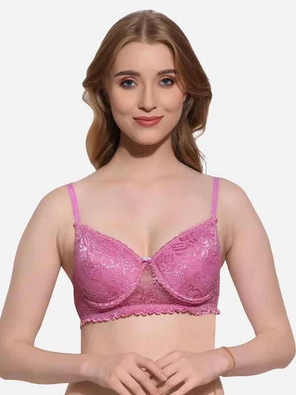 FIMS Fashion Women Cotton Blend Floral Lace Padded Wired Bra Pack of 2 Maroon Pink