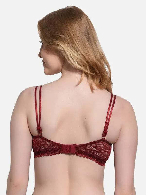 FIMS Fashion Women Cotton Blend Floral Lace Padded Wired Bra Pack of 2 Maroon Pink
