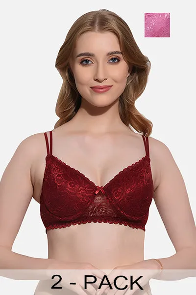 FIMS Fashion Women Cotton Blend Floral Lace Padded Wired Bra Pack of 2 Maroon Pink