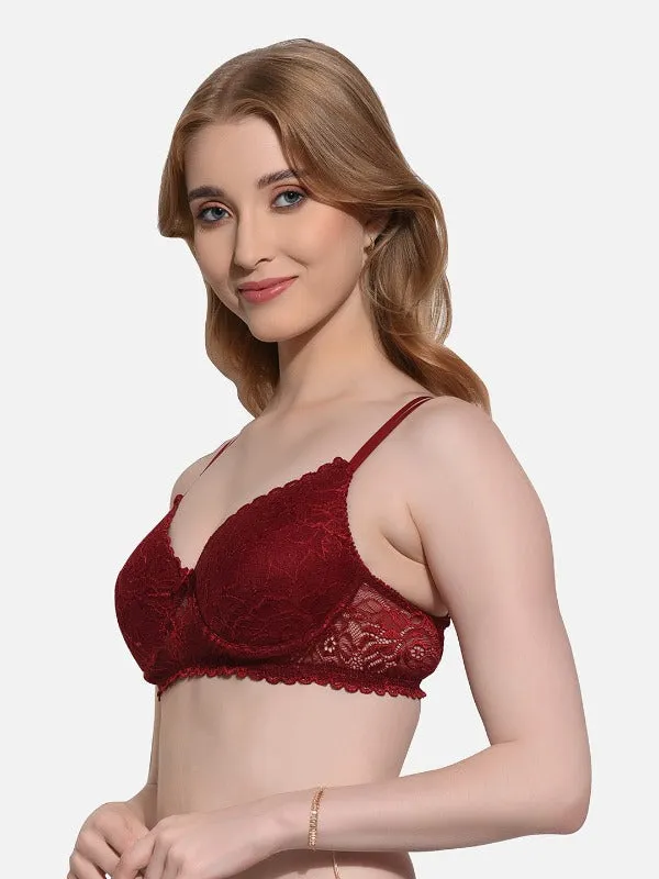 FIMS Fashion Women Cotton Blend Floral Lace Padded Wired Bra Pack of 2 Maroon Pink