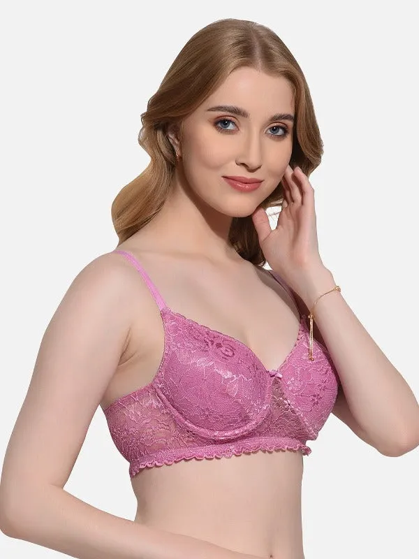 FIMS Fashion Women Cotton Blend Floral Lace Padded Wired Bra Pack of 2 Maroon Pink