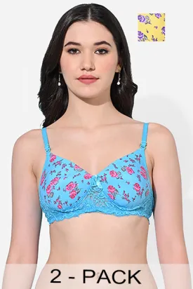 FIMS Fashion Women Cotton Blend Floral Print & Lace Padded Bra Pack of 2 Blue Yellow