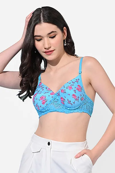 FIMS Fashion Women Cotton Blend Floral Print & Lace Padded Bra Pack of 2 Blue Yellow