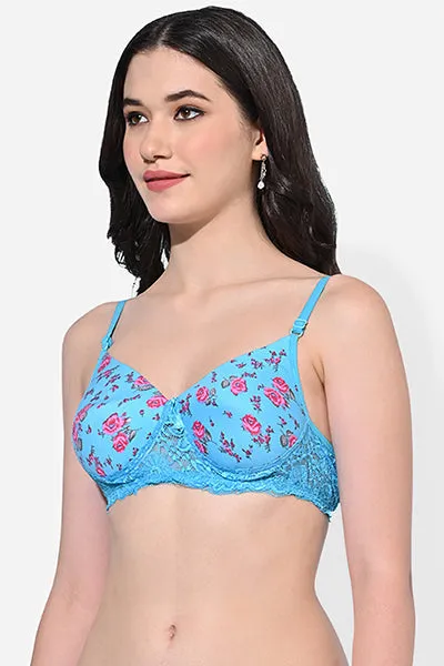 FIMS Fashion Women Cotton Blend Floral Print & Lace Padded Bra Pack of 2 Blue Yellow