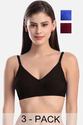FIMS Fashion Women Cotton Blend Solid Non-Padded Bra Pack of 3 Blue Maroon Black
