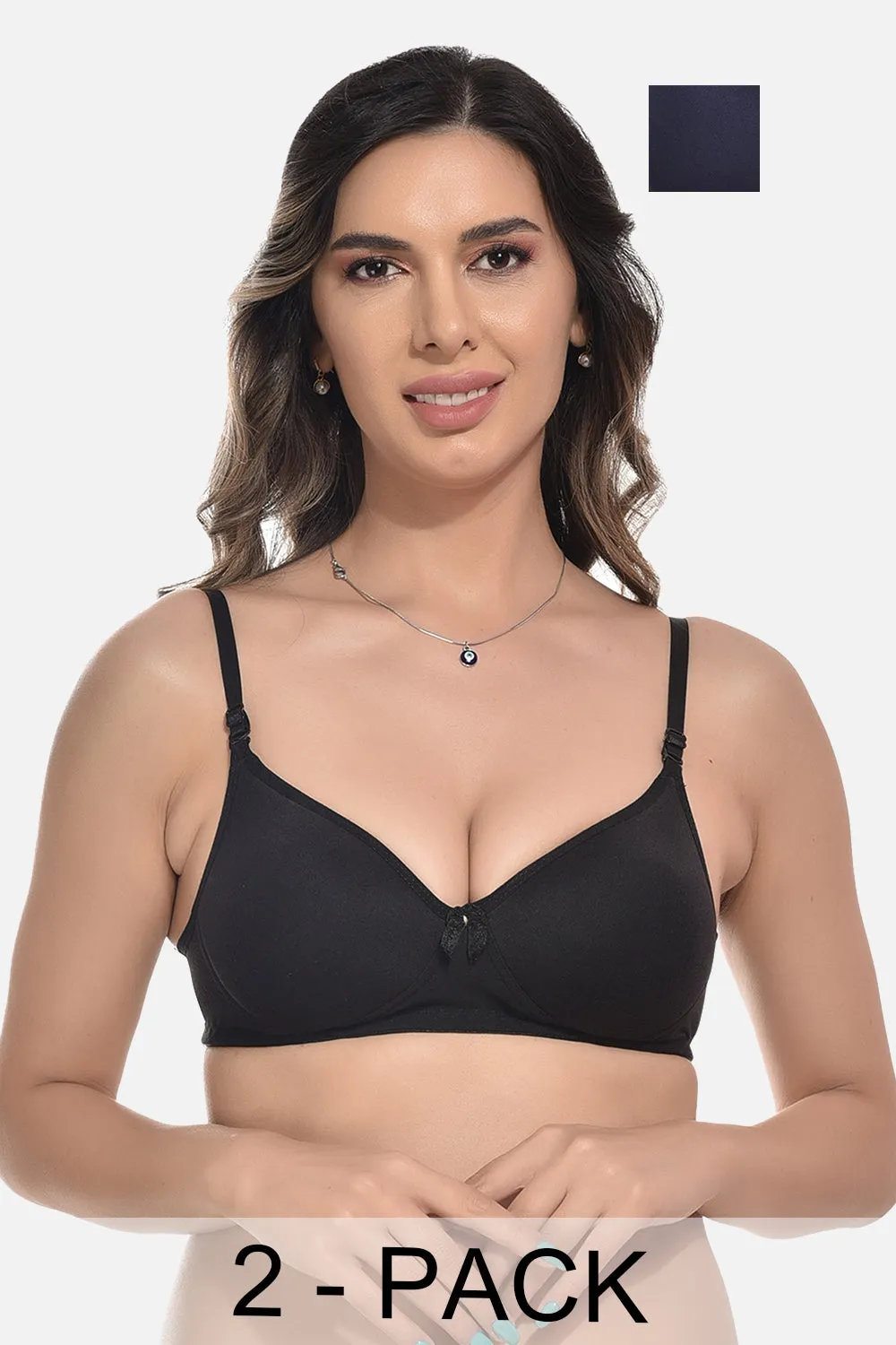 FIMS Fashion Women Cotton Blend Solid Padded Bra Pack of 2 Black Navy