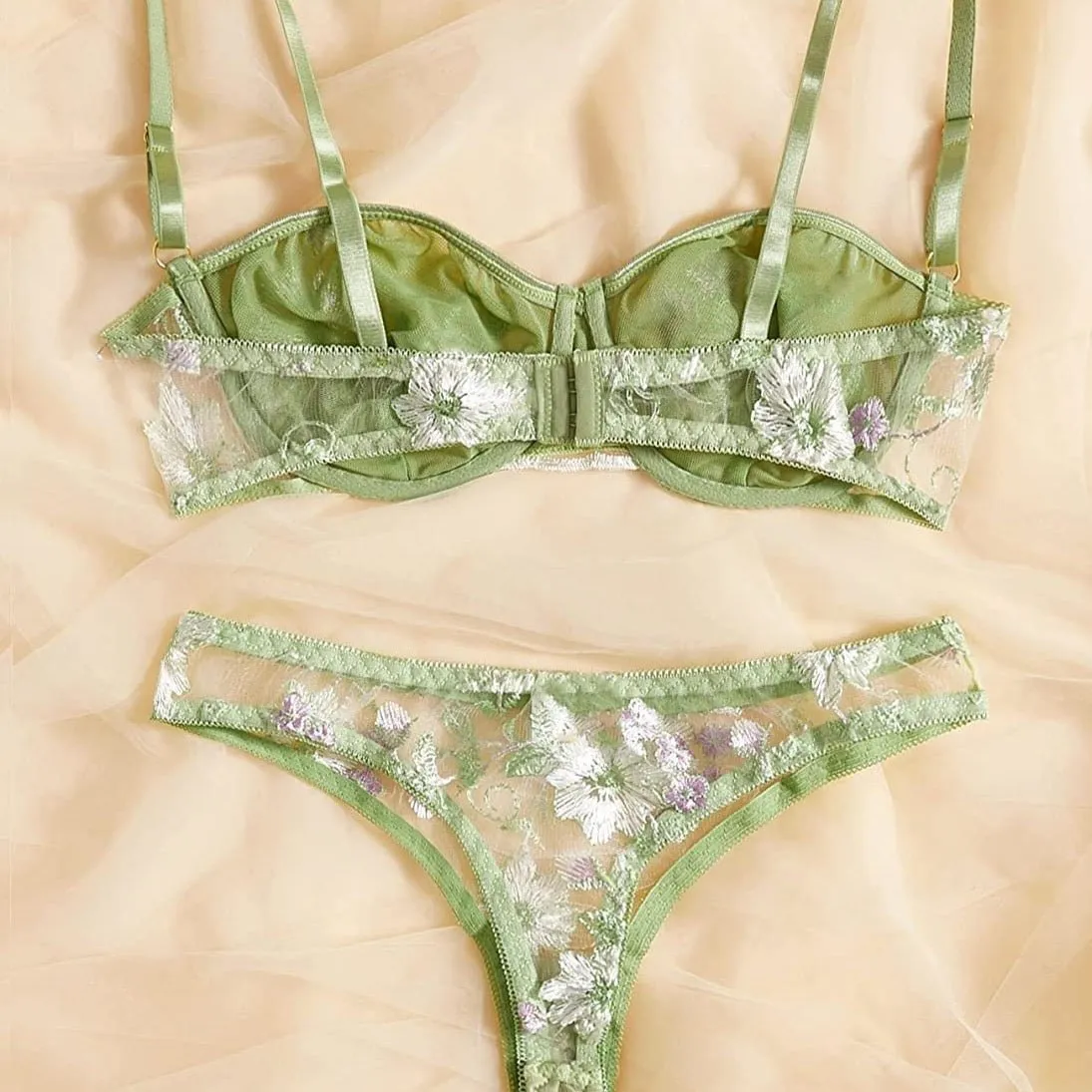 Green Floral Lingerie Set