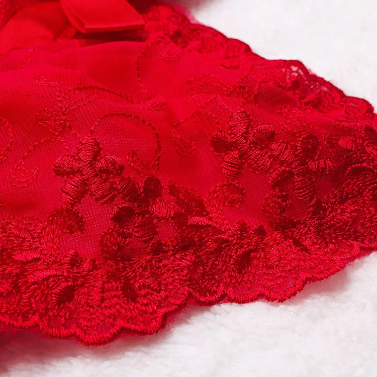 Lace Embroidery Red Baby Doll Sexy Lingerie Women Solid V-Neck Transparent  Lingerie
