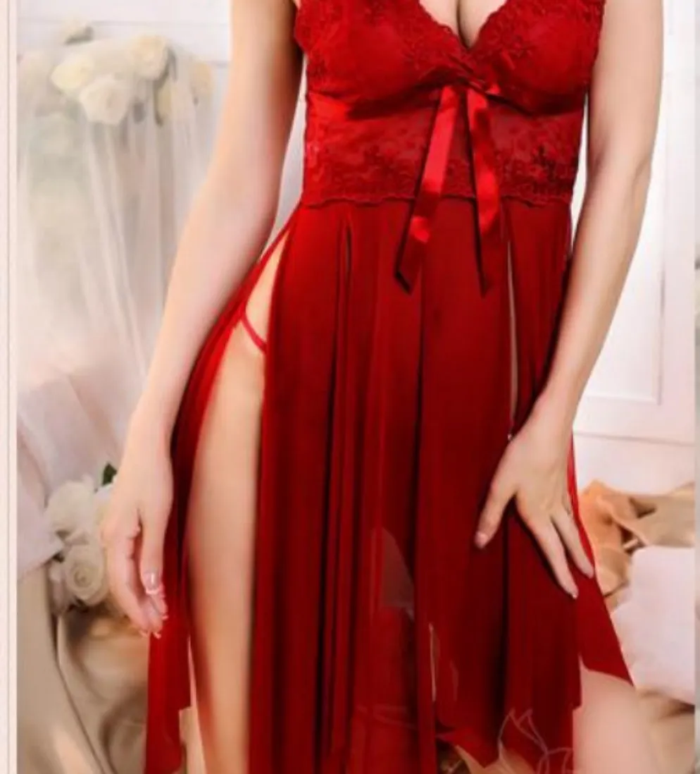 Lace Embroidery Red Baby Doll Sexy Lingerie Women Solid V-Neck Transparent  Lingerie