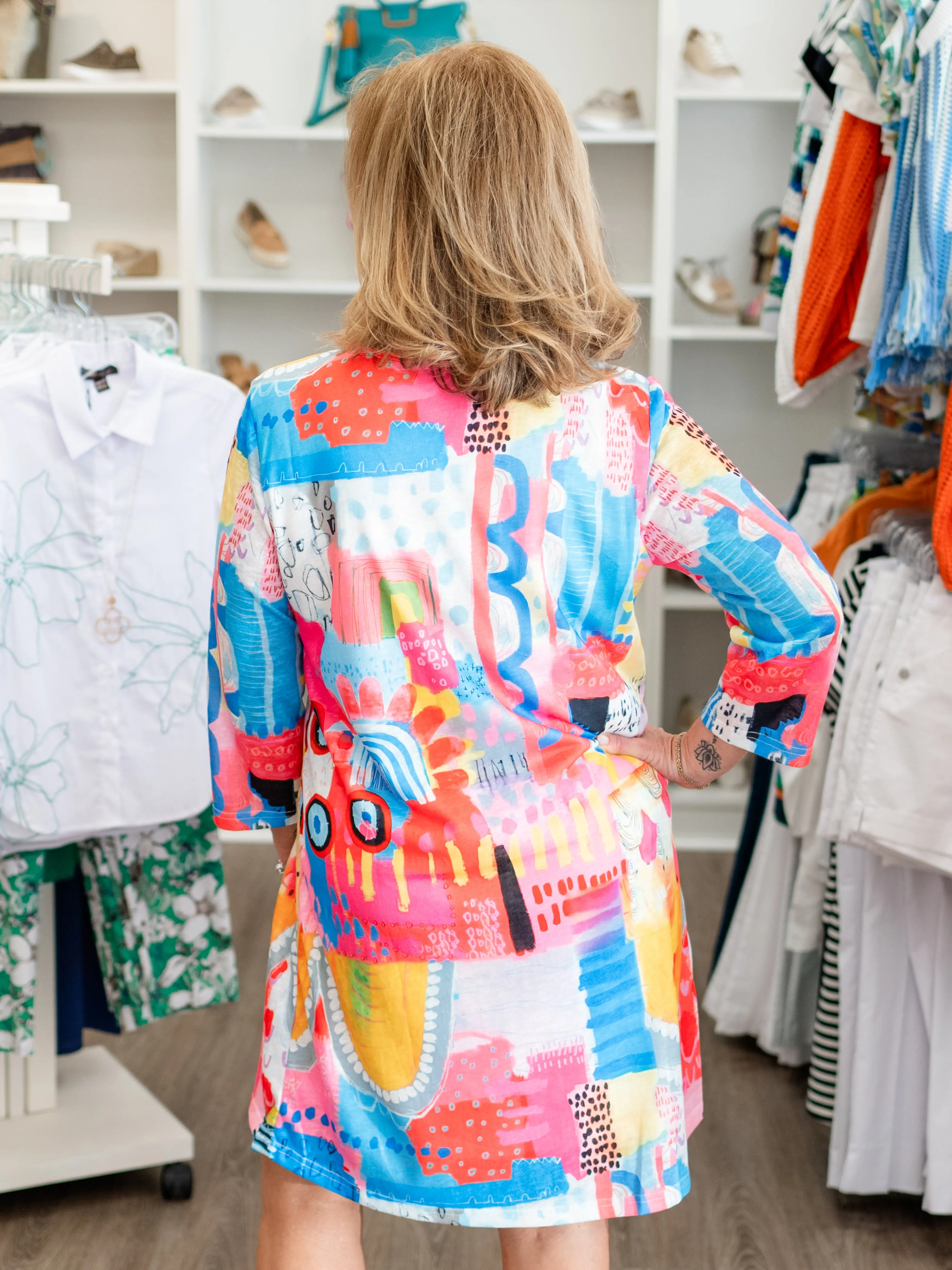 Long Sleeve Pink Abstract Print Dress by Shana