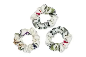 Mayfairsilk White with Botanical Print Silk Scrunchies Set