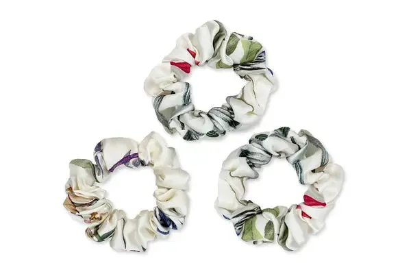 Mayfairsilk White with Botanical Print Silk Scrunchies Set