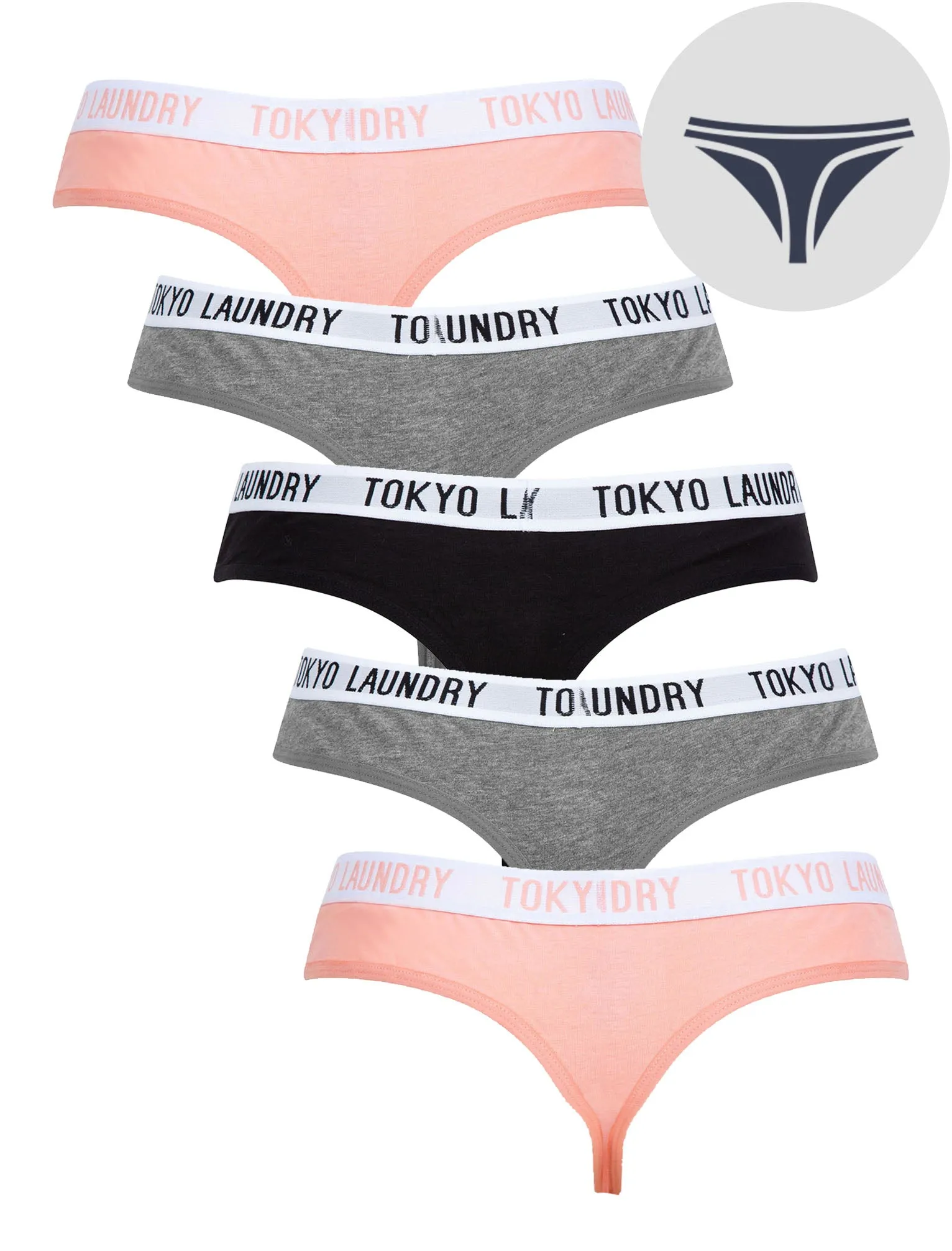 Milla (5 Pack) Cotton Assorted Thongs in Bridal Rose / Mid Grey Marl / Jet Black - Tokyo Laundry
