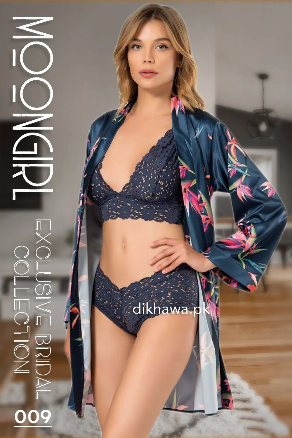 Moongirl - Exclusive Bridal 3Pc Short Nighty with Bra Panty Set & Wedding Nighty Set 009 - Turkish Brand