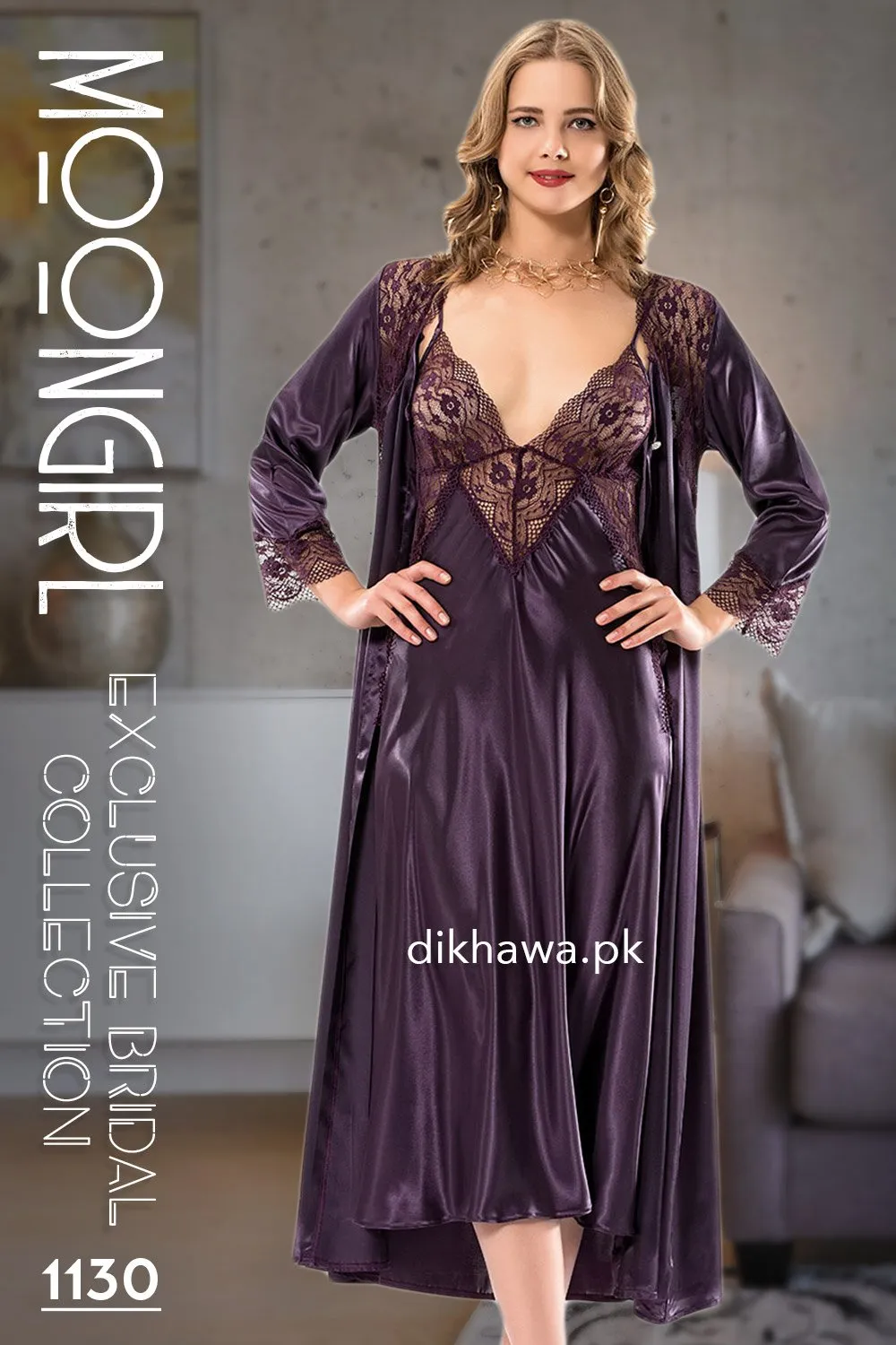 Moongirl - Exclusive Bridal Wedding Nightwear 2Pc Long Nighty Set with Robe 1130 - Turkish Brand