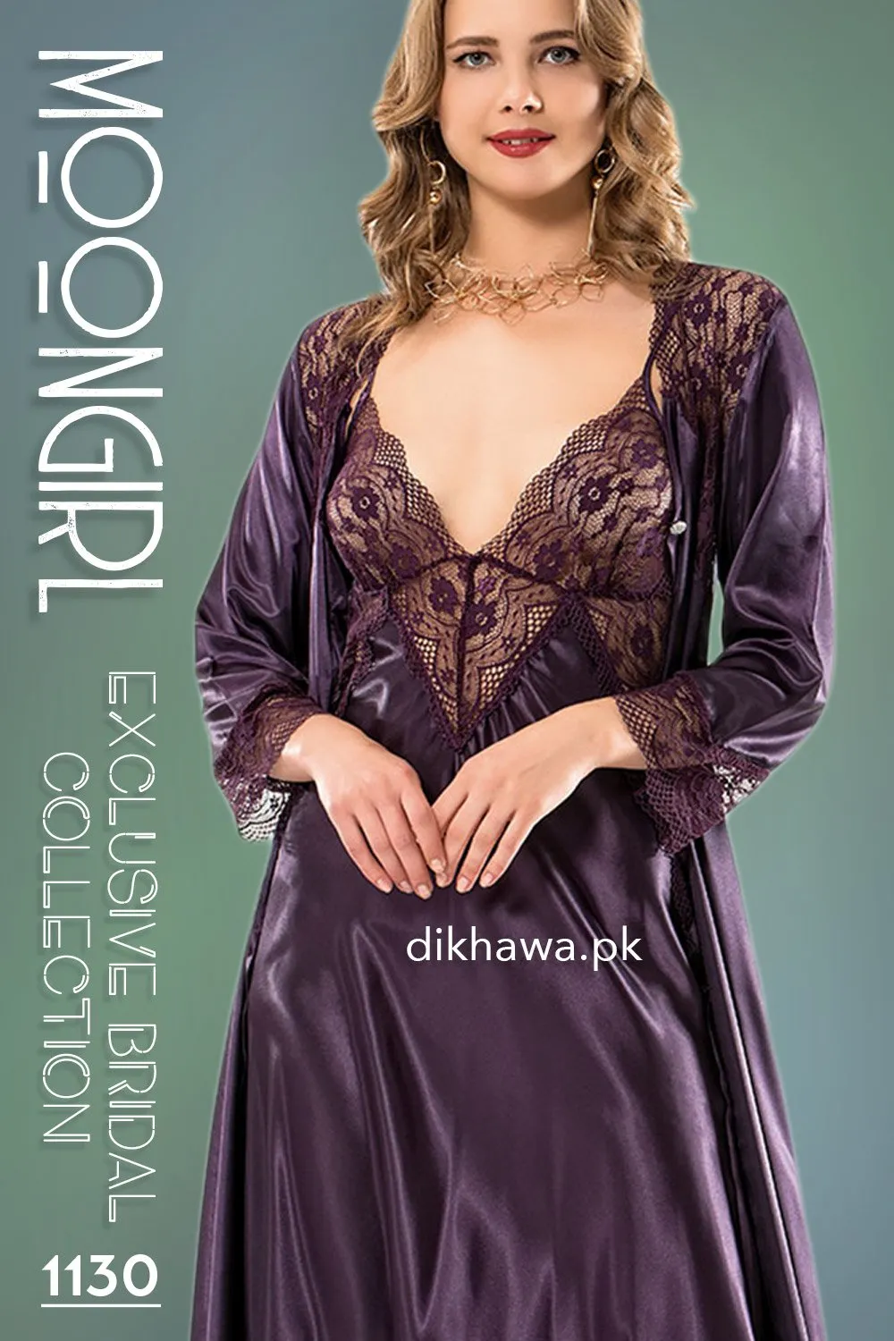 Moongirl - Exclusive Bridal Wedding Nightwear 2Pc Long Nighty Set with Robe 1130 - Turkish Brand