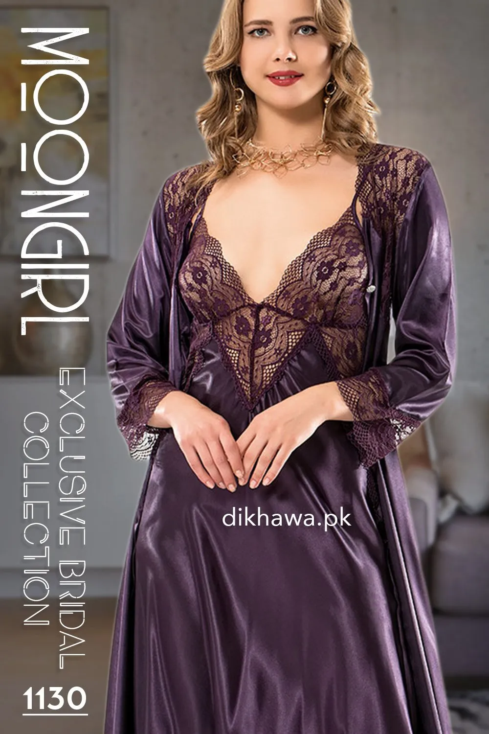 Moongirl - Exclusive Bridal Wedding Nightwear 2Pc Long Nighty Set with Robe 1130 - Turkish Brand