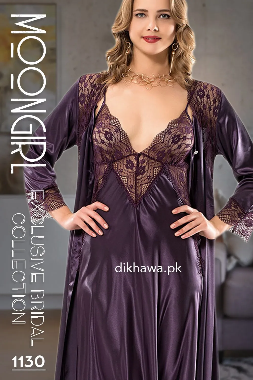 Moongirl - Exclusive Bridal Wedding Nightwear 2Pc Long Nighty Set with Robe 1130 - Turkish Brand