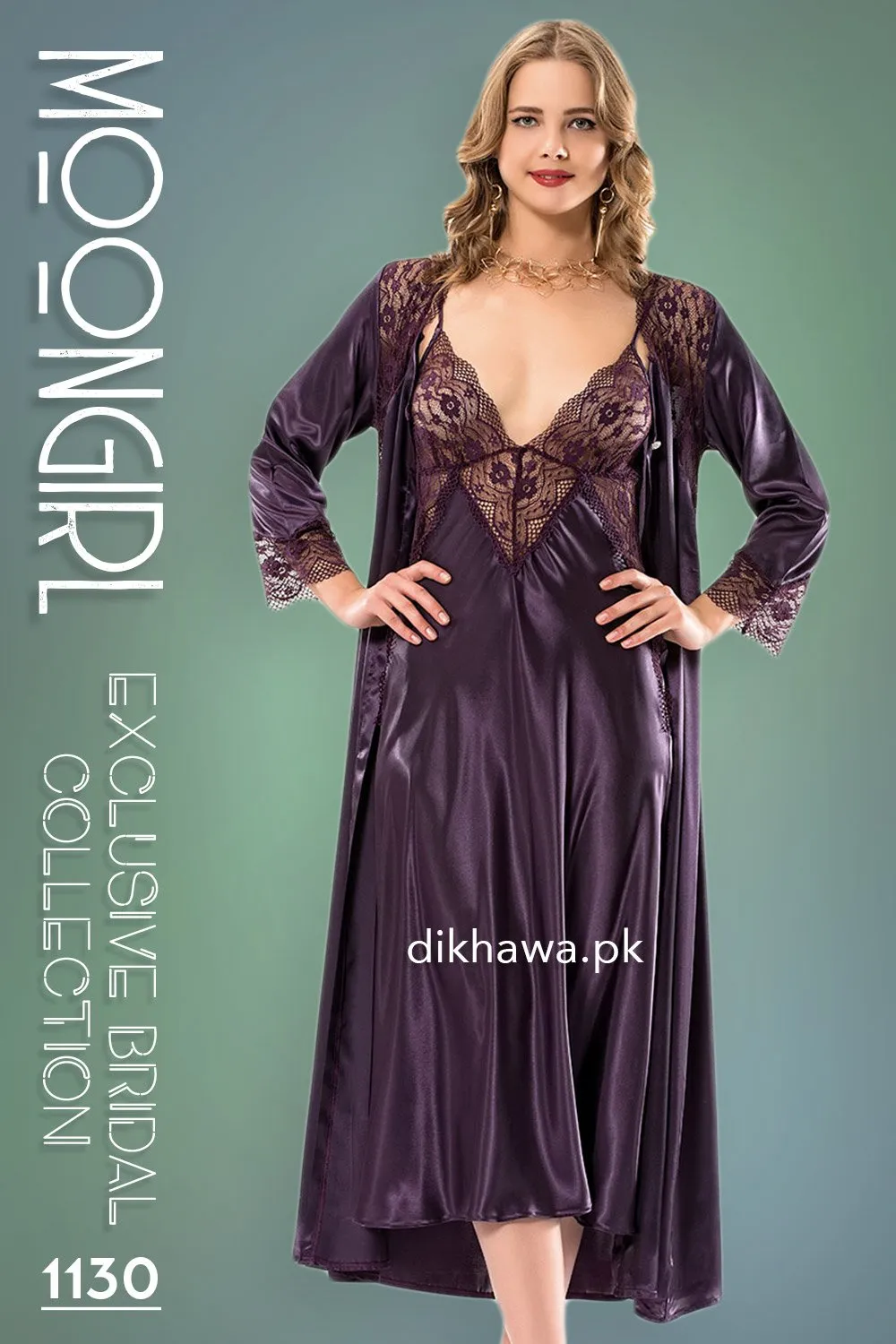 Moongirl - Exclusive Bridal Wedding Nightwear 2Pc Long Nighty Set with Robe 1130 - Turkish Brand