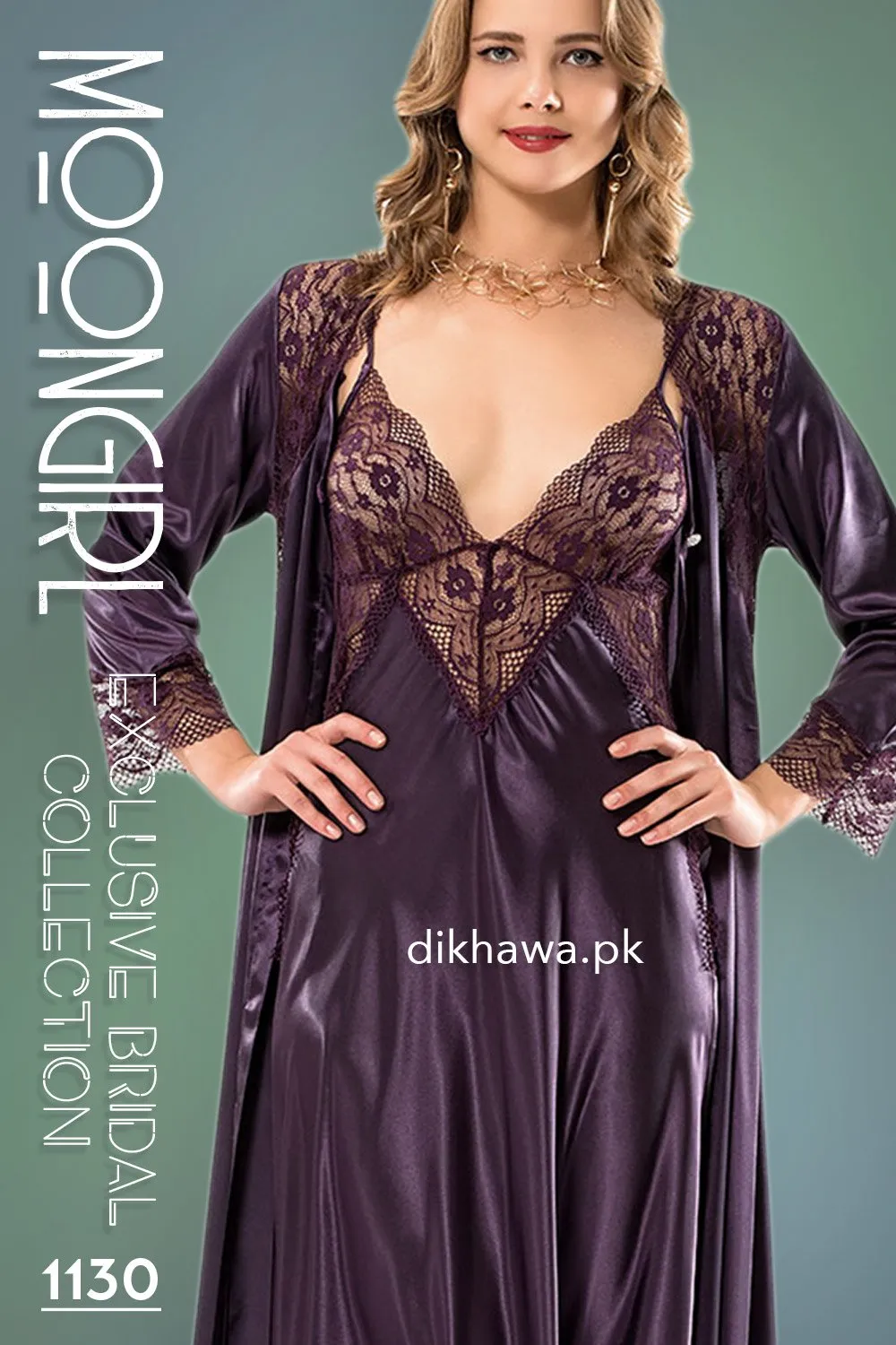 Moongirl - Exclusive Bridal Wedding Nightwear 2Pc Long Nighty Set with Robe 1130 - Turkish Brand