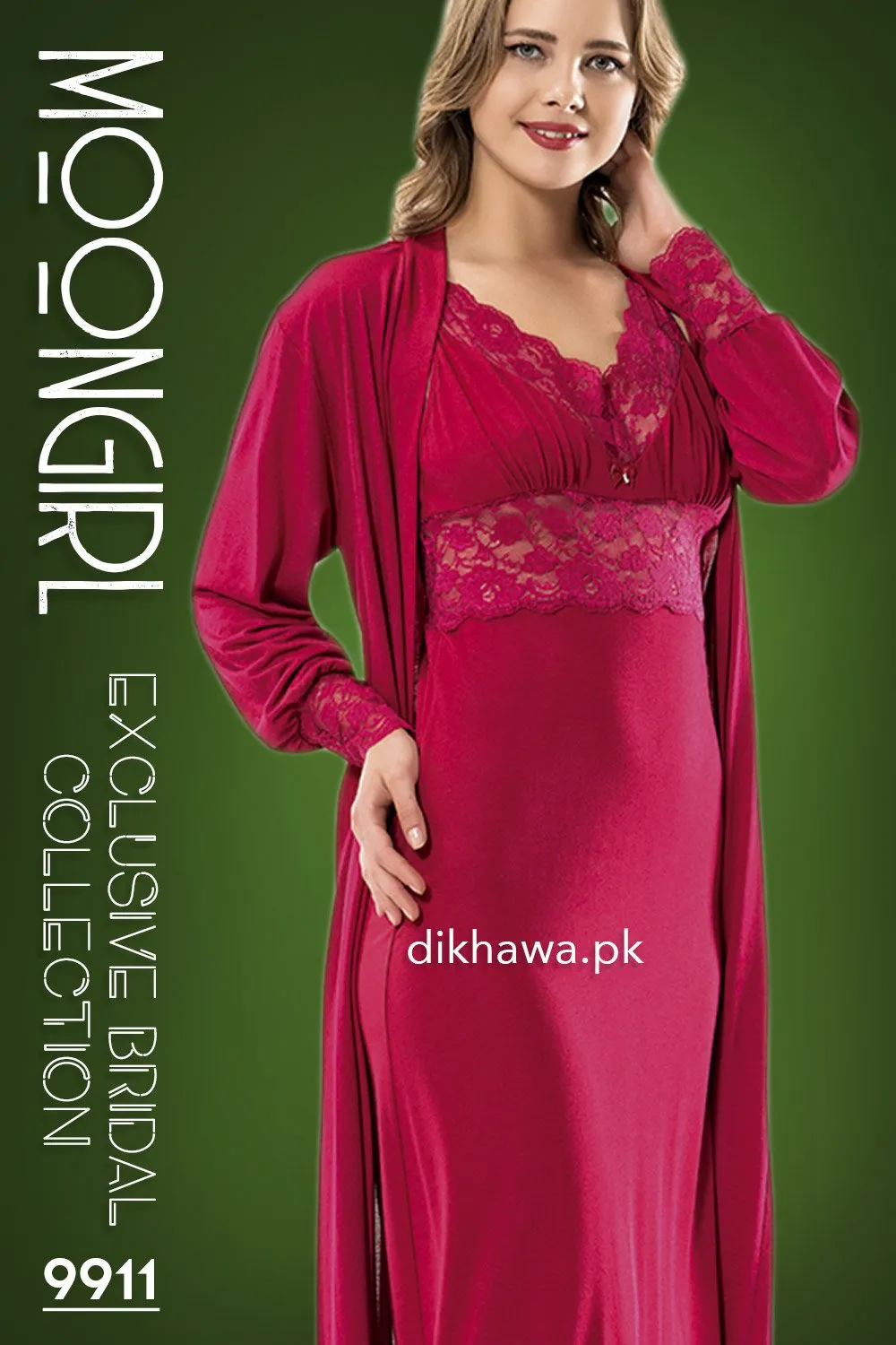 Moongirl - Exclusive Bridal Wedding Nightwear 2Pc Long Nighty Set with Robe 9911 - Turkish Brand