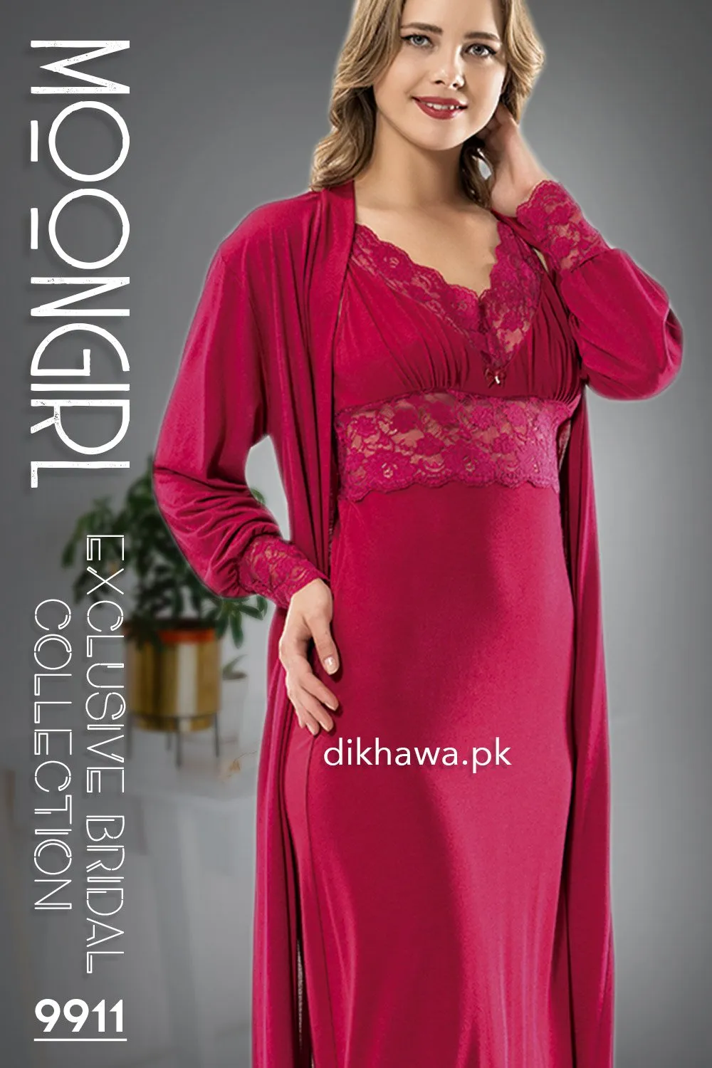 Moongirl - Exclusive Bridal Wedding Nightwear 2Pc Long Nighty Set with Robe 9911 - Turkish Brand