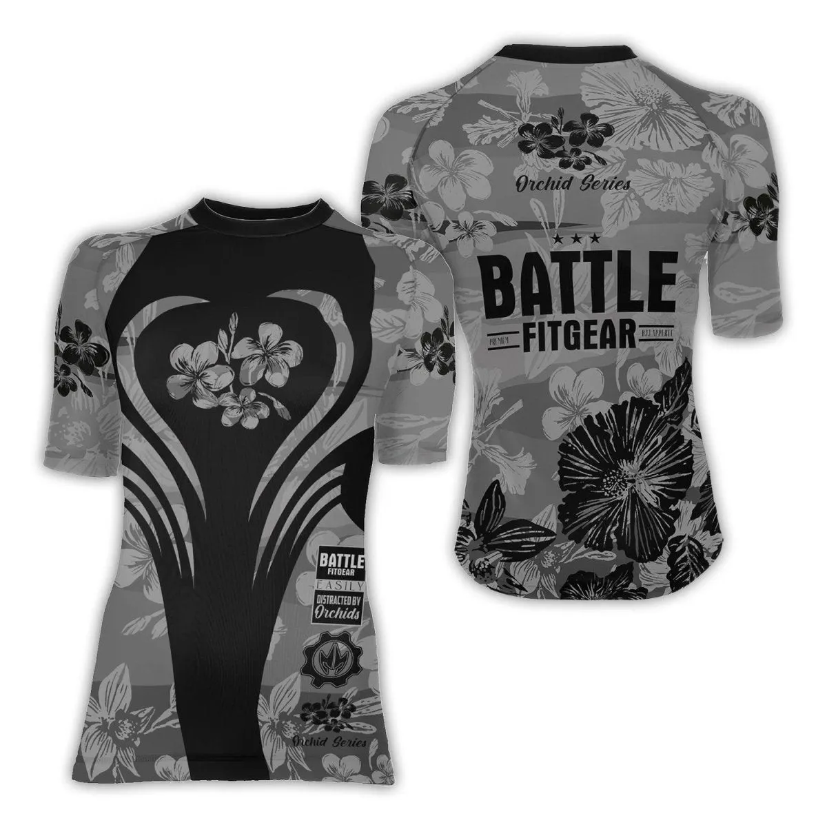 Orchid Series Floral Grey Heart Pattern Women's Short Sleeve Rash Guard