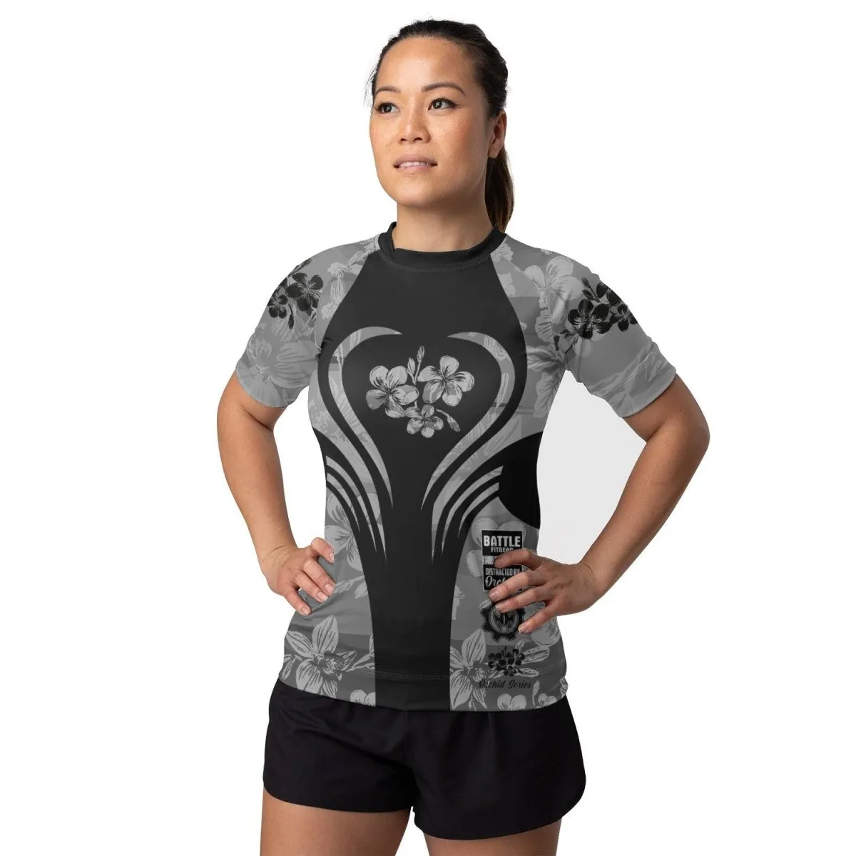 Orchid Series Floral Grey Heart Pattern Women's Short Sleeve Rash Guard