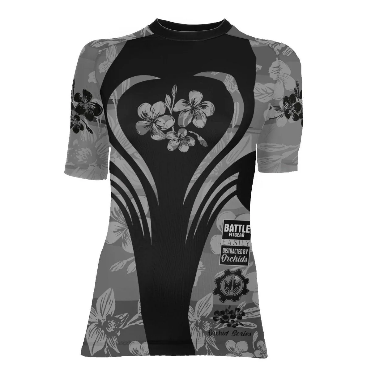 Orchid Series Floral Grey Heart Pattern Women's Short Sleeve Rash Guard