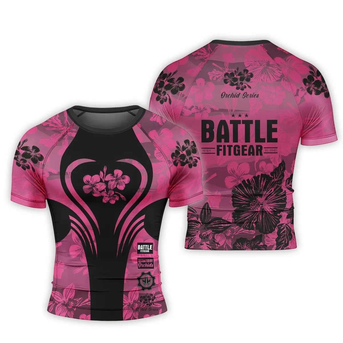 Orchid Series Floral Pink Heart Pattern Men's Short Sleeve Rash Guard
