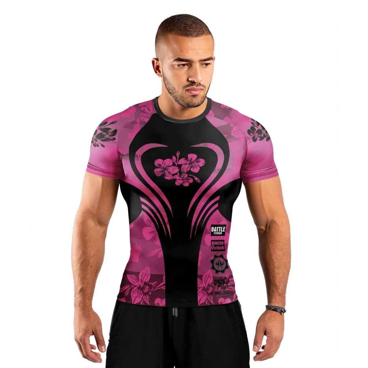 Orchid Series Floral Pink Heart Pattern Men's Short Sleeve Rash Guard