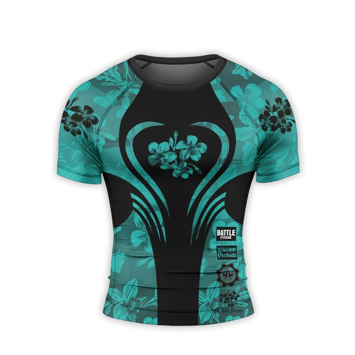 Orchid Series Floral Teal Heart Pattern Men's Short Sleeve Rash Guard