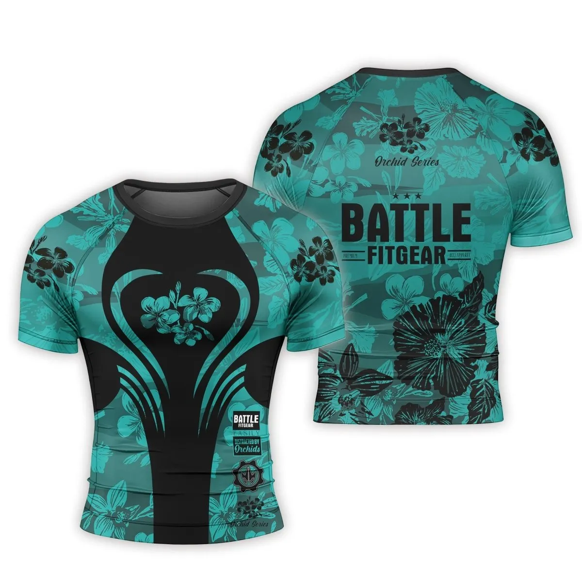 Orchid Series Floral Teal Heart Pattern Men's Short Sleeve Rash Guard