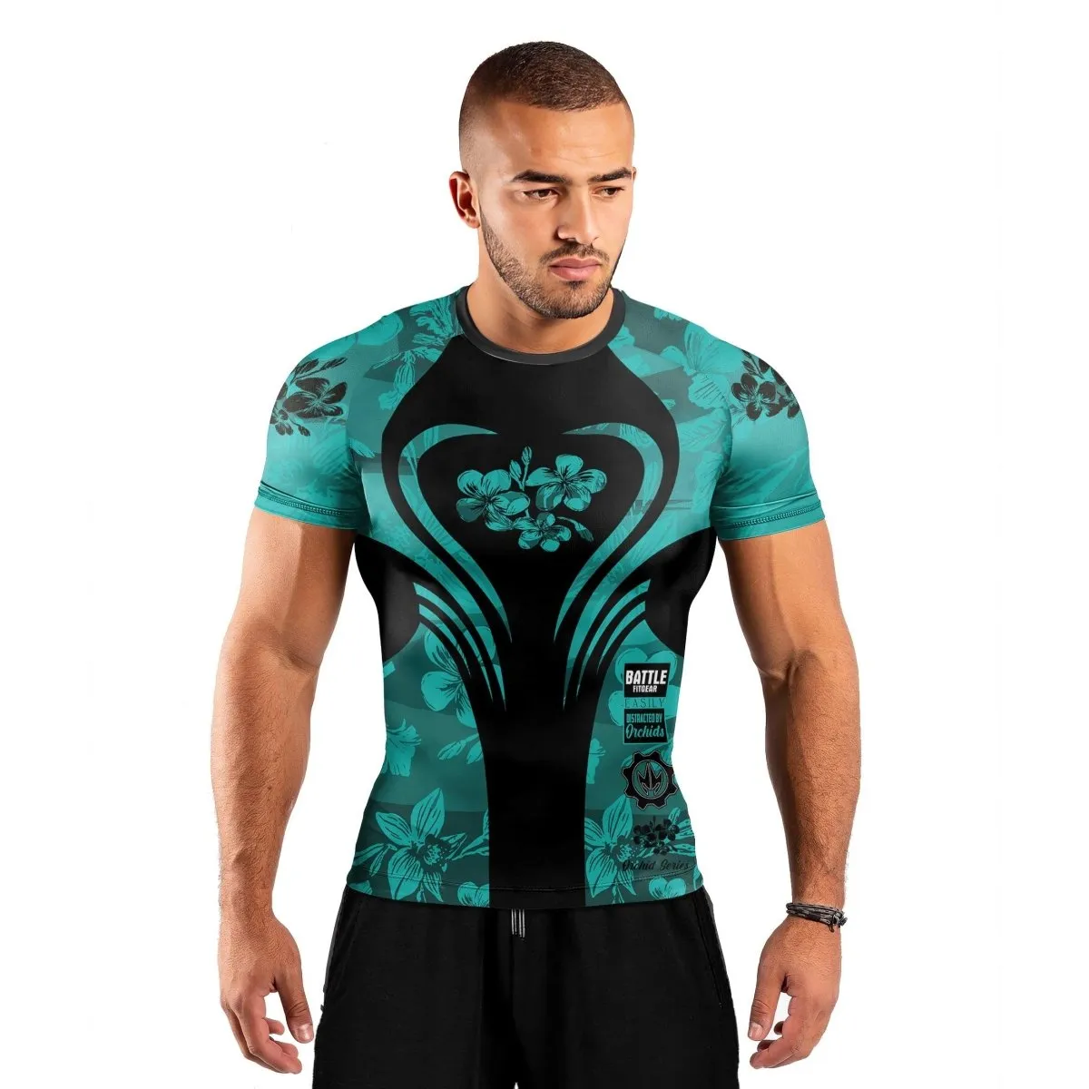 Orchid Series Floral Teal Heart Pattern Men's Short Sleeve Rash Guard
