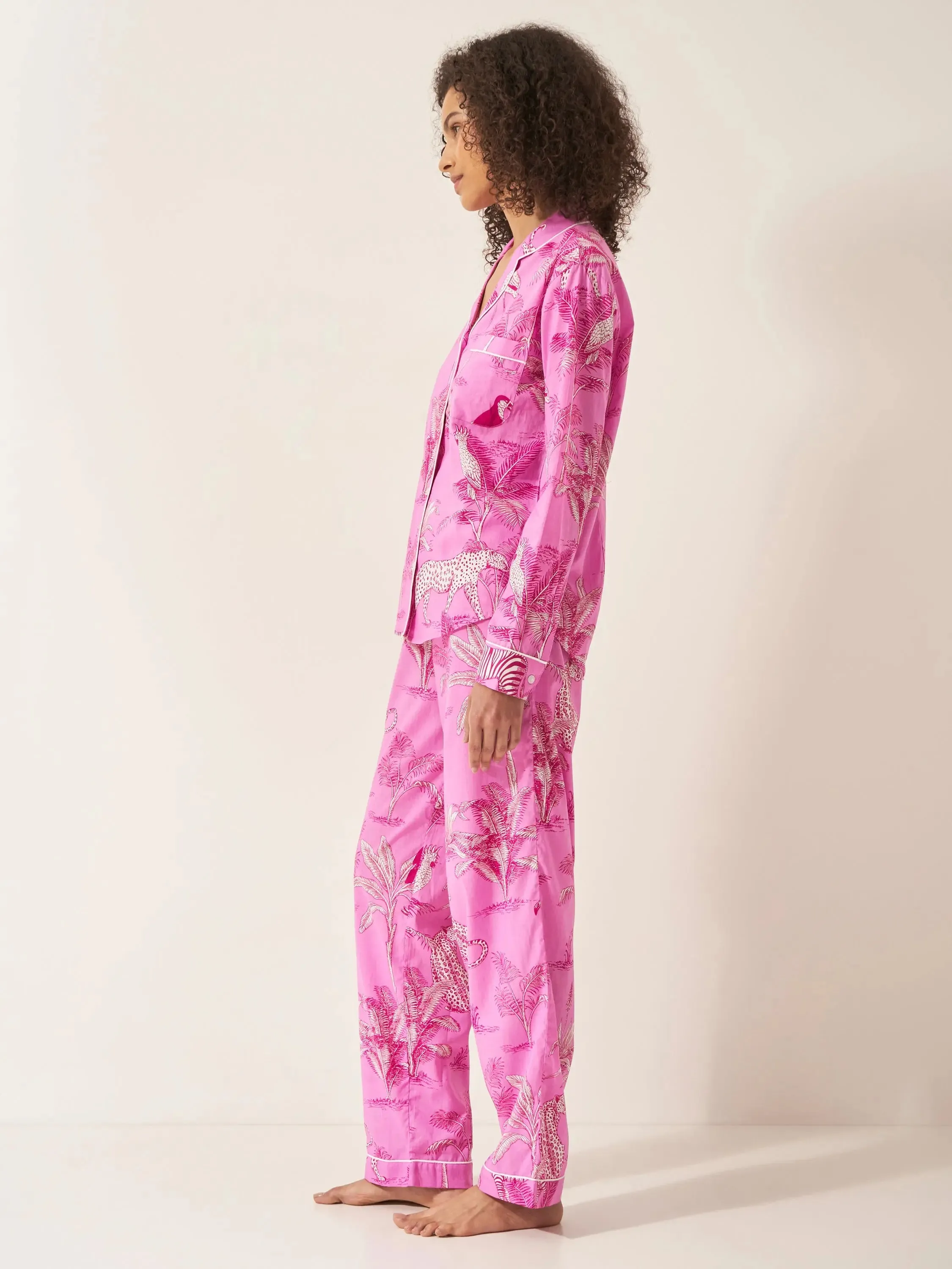 Pink Botanical Jungle Women's Long Sleeve Organic Cotton Pyjama Trouser Set